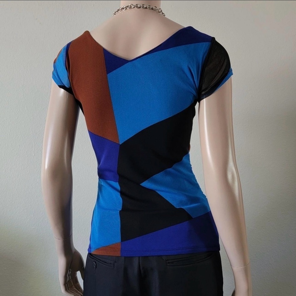 INC International Concepts -mesh overlay brown & blue abstract print top 💙🖤🤎 - Picture 3 of 7